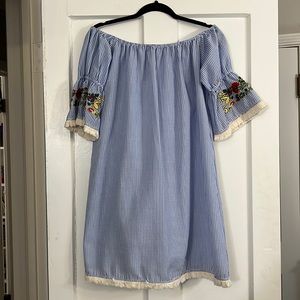Francesca’s seersucker embroidered fringe dress